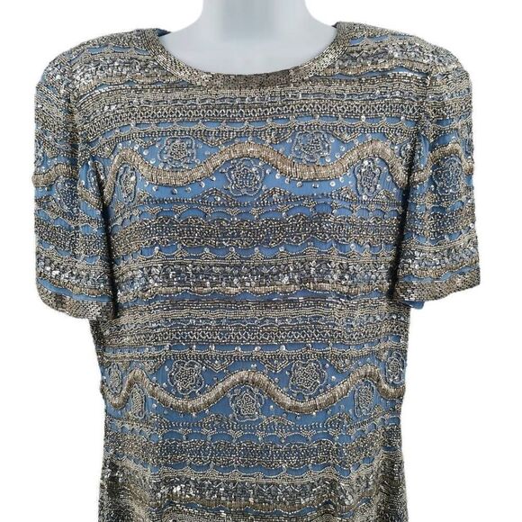 Heavy Vintage Gray Blue Silk Dress Hand Embellished in Silver Glass Beads | B. H - Picture 3 of 4